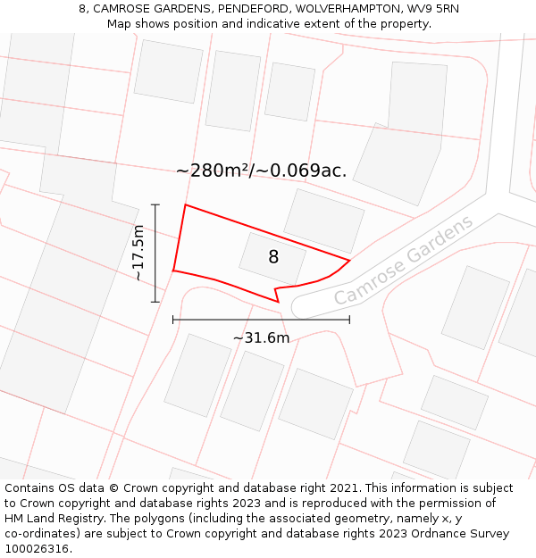 8, CAMROSE GARDENS, PENDEFORD, WOLVERHAMPTON, WV9 5RN: Plot and title map