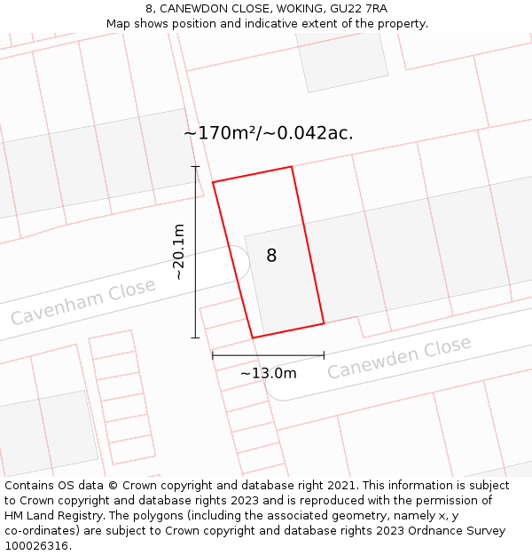 8, CANEWDON CLOSE, WOKING, GU22 7RA: Plot and title map