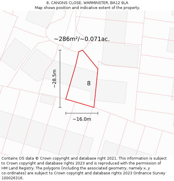 8, CANONS CLOSE, WARMINSTER, BA12 9LA: Plot and title map
