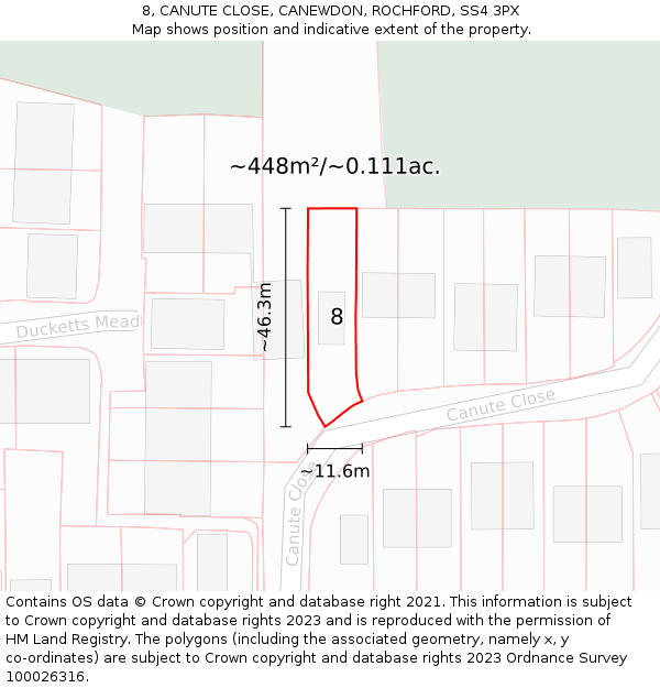 8, CANUTE CLOSE, CANEWDON, ROCHFORD, SS4 3PX: Plot and title map