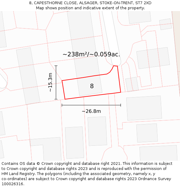 8, CAPESTHORNE CLOSE, ALSAGER, STOKE-ON-TRENT, ST7 2XD: Plot and title map