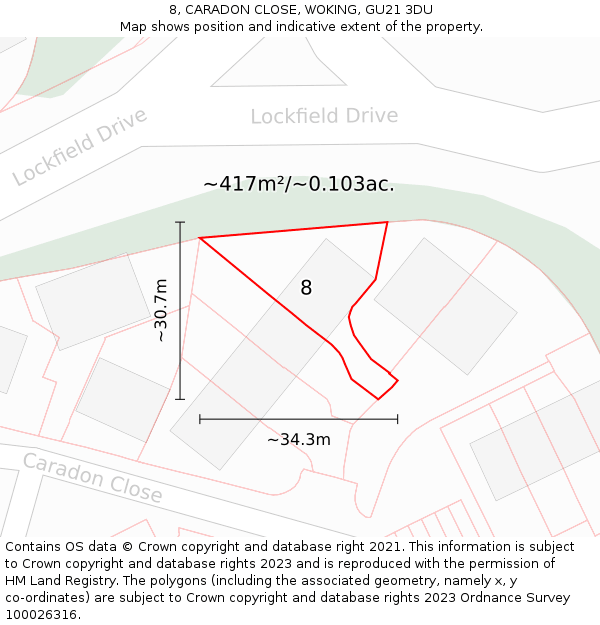 8, CARADON CLOSE, WOKING, GU21 3DU: Plot and title map