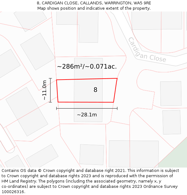 8, CARDIGAN CLOSE, CALLANDS, WARRINGTON, WA5 9RE: Plot and title map