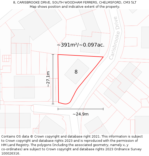 8, CARISBROOKE DRIVE, SOUTH WOODHAM FERRERS, CHELMSFORD, CM3 5LT: Plot and title map