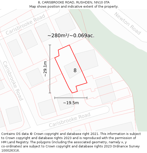 8, CARISBROOKE ROAD, RUSHDEN, NN10 0TA: Plot and title map