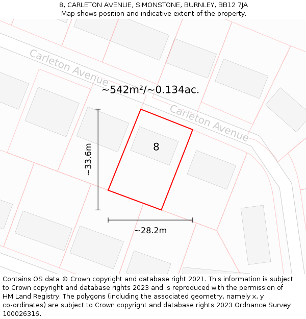 8, CARLETON AVENUE, SIMONSTONE, BURNLEY, BB12 7JA: Plot and title map