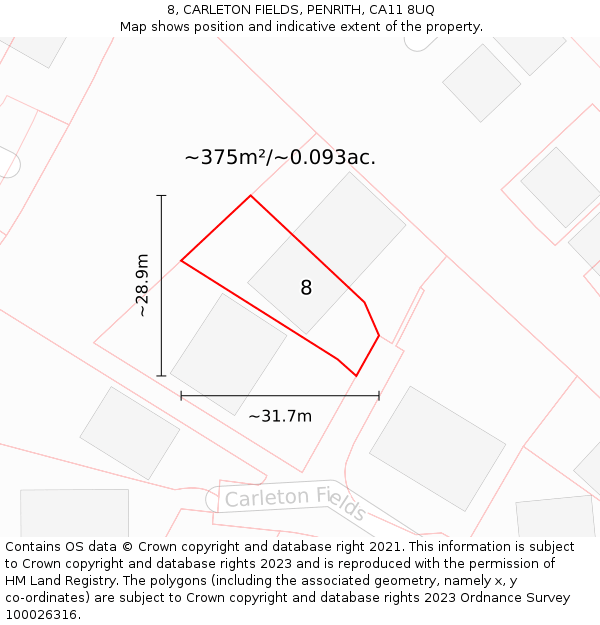 8, CARLETON FIELDS, PENRITH, CA11 8UQ: Plot and title map