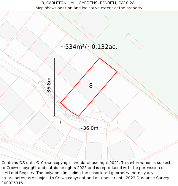 8, CARLETON HALL GARDENS, PENRITH, CA10 2AL: Plot and title map