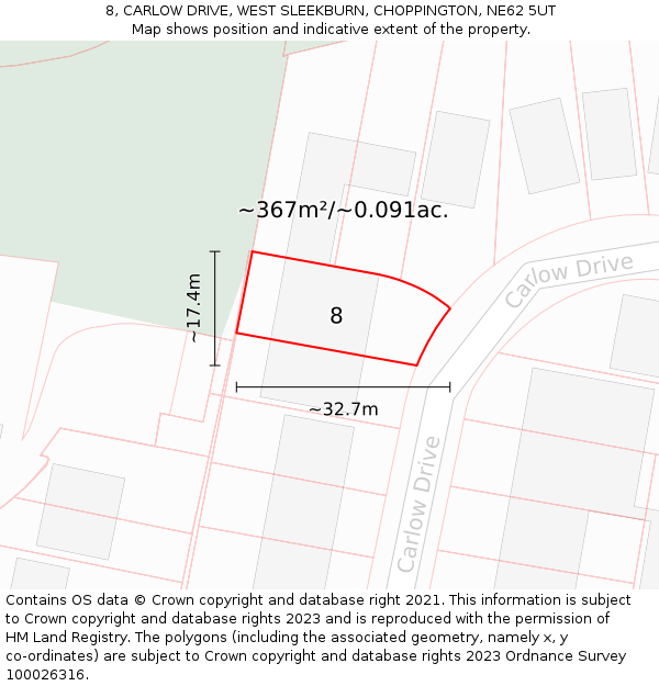 8, CARLOW DRIVE, WEST SLEEKBURN, CHOPPINGTON, NE62 5UT: Plot and title map