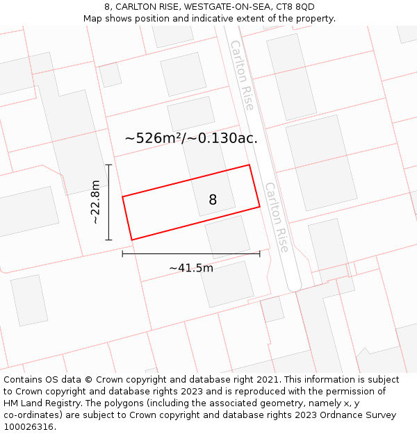 8, CARLTON RISE, WESTGATE-ON-SEA, CT8 8QD: Plot and title map
