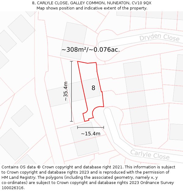 8, CARLYLE CLOSE, GALLEY COMMON, NUNEATON, CV10 9QX: Plot and title map