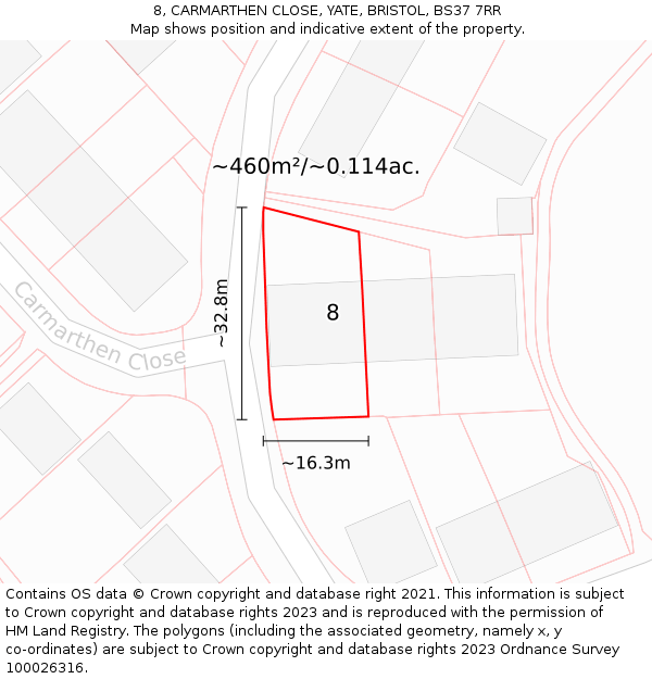 8, CARMARTHEN CLOSE, YATE, BRISTOL, BS37 7RR: Plot and title map