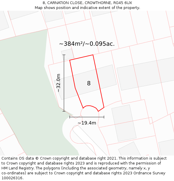 8, CARNATION CLOSE, CROWTHORNE, RG45 6UX: Plot and title map