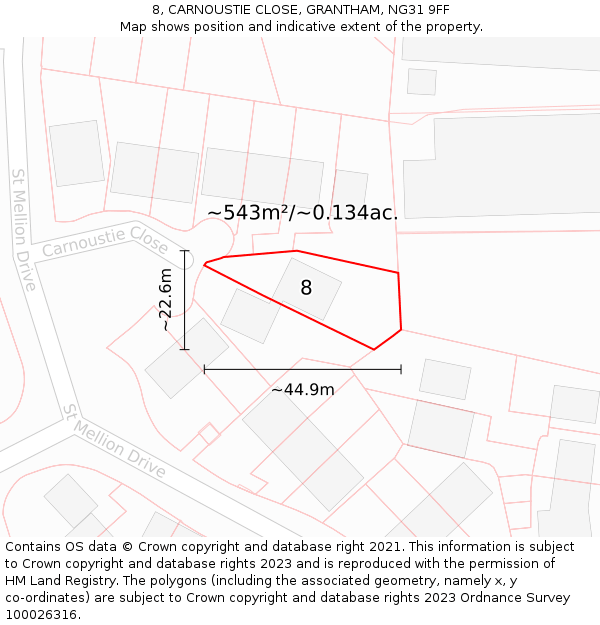 8, CARNOUSTIE CLOSE, GRANTHAM, NG31 9FF: Plot and title map