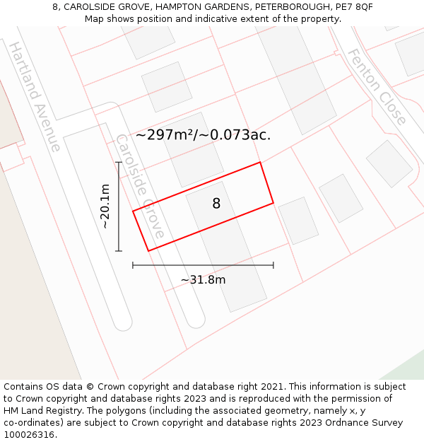 8, CAROLSIDE GROVE, HAMPTON GARDENS, PETERBOROUGH, PE7 8QF: Plot and title map