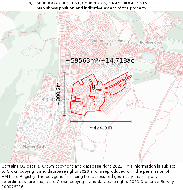 8, CARRBROOK CRESCENT, CARRBROOK, STALYBRIDGE, SK15 3LP: Plot and title map