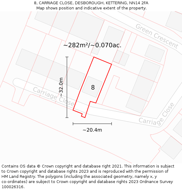 8, CARRIAGE CLOSE, DESBOROUGH, KETTERING, NN14 2FA: Plot and title map