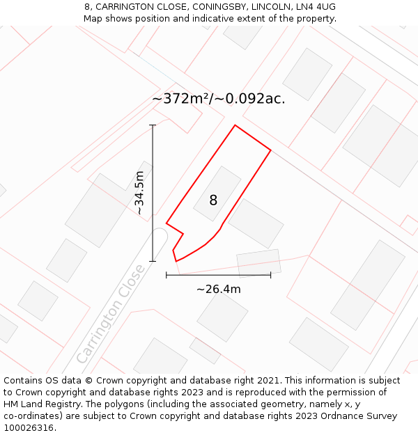 8, CARRINGTON CLOSE, CONINGSBY, LINCOLN, LN4 4UG: Plot and title map
