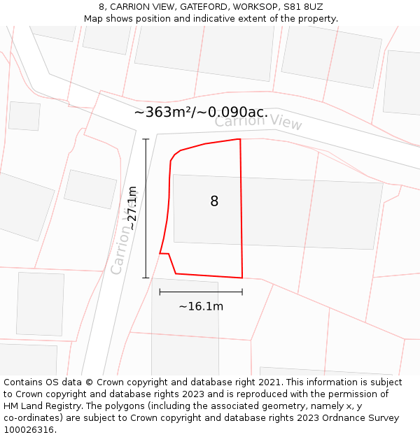8, CARRION VIEW, GATEFORD, WORKSOP, S81 8UZ: Plot and title map