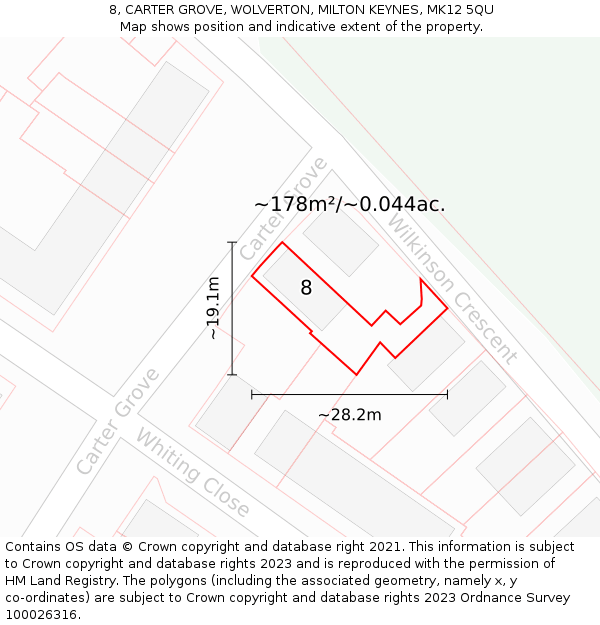 8, CARTER GROVE, WOLVERTON, MILTON KEYNES, MK12 5QU: Plot and title map