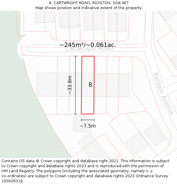 8, CARTWRIGHT ROAD, ROYSTON, SG8 9ET: Plot and title map