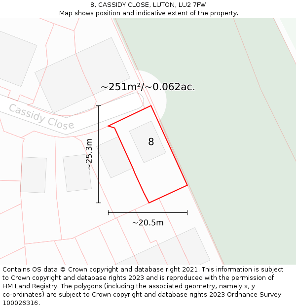 8, CASSIDY CLOSE, LUTON, LU2 7FW: Plot and title map