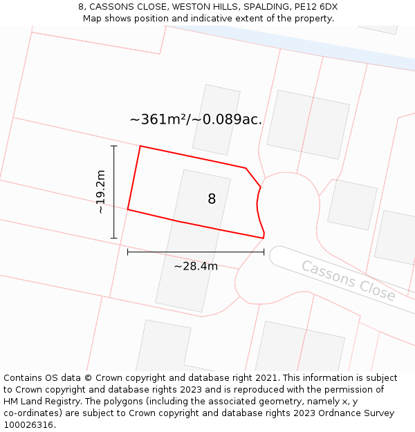 8, CASSONS CLOSE, WESTON HILLS, SPALDING, PE12 6DX: Plot and title map