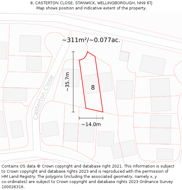8, CASTERTON CLOSE, STANWICK, WELLINGBOROUGH, NN9 6TJ: Plot and title map