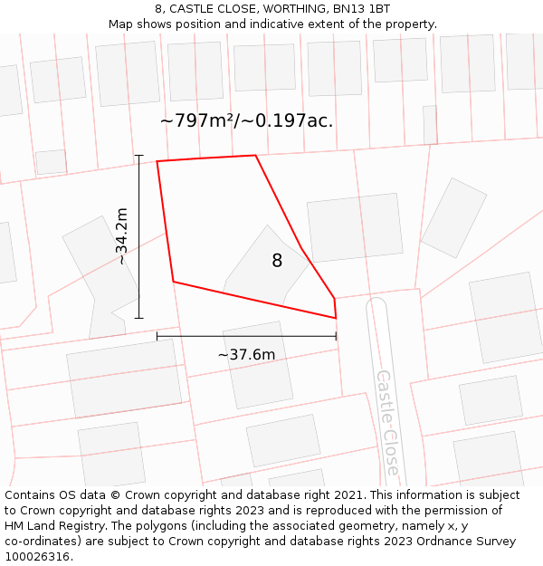 8, CASTLE CLOSE, WORTHING, BN13 1BT: Plot and title map