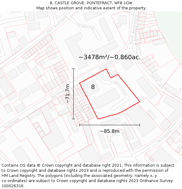 8, CASTLE GROVE, PONTEFRACT, WF8 1GW: Plot and title map