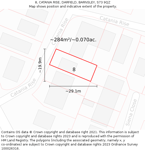 8, CATANIA RISE, DARFIELD, BARNSLEY, S73 9QZ: Plot and title map