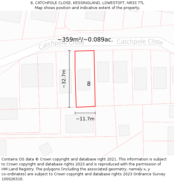 8, CATCHPOLE CLOSE, KESSINGLAND, LOWESTOFT, NR33 7TL: Plot and title map