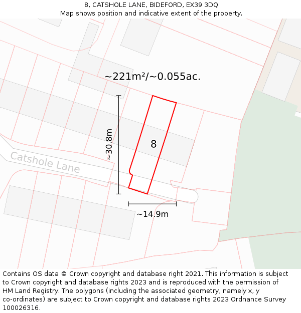 8, CATSHOLE LANE, BIDEFORD, EX39 3DQ: Plot and title map