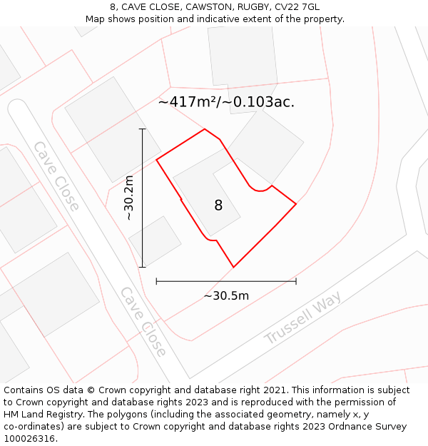 8, CAVE CLOSE, CAWSTON, RUGBY, CV22 7GL: Plot and title map