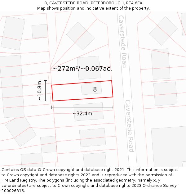 8, CAVERSTEDE ROAD, PETERBOROUGH, PE4 6EX: Plot and title map