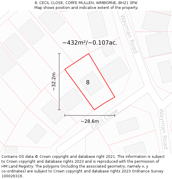 8, CECIL CLOSE, CORFE MULLEN, WIMBORNE, BH21 3PW: Plot and title map