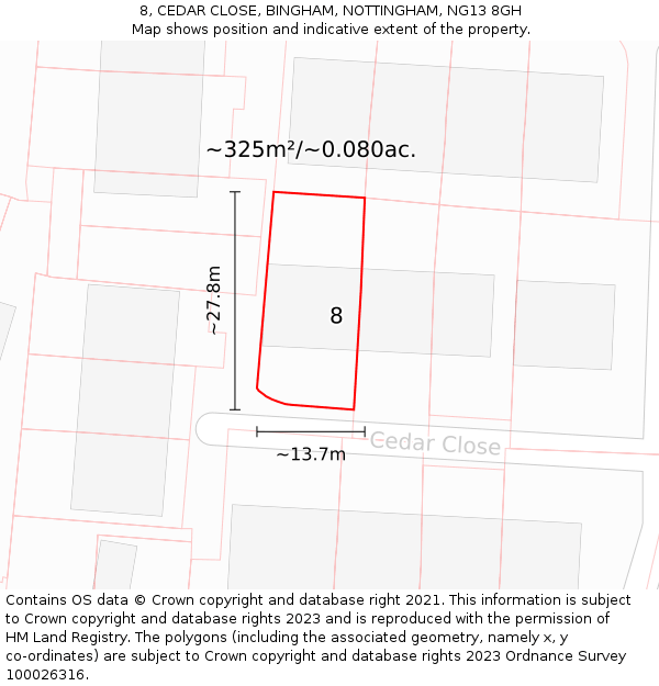 8, CEDAR CLOSE, BINGHAM, NOTTINGHAM, NG13 8GH: Plot and title map