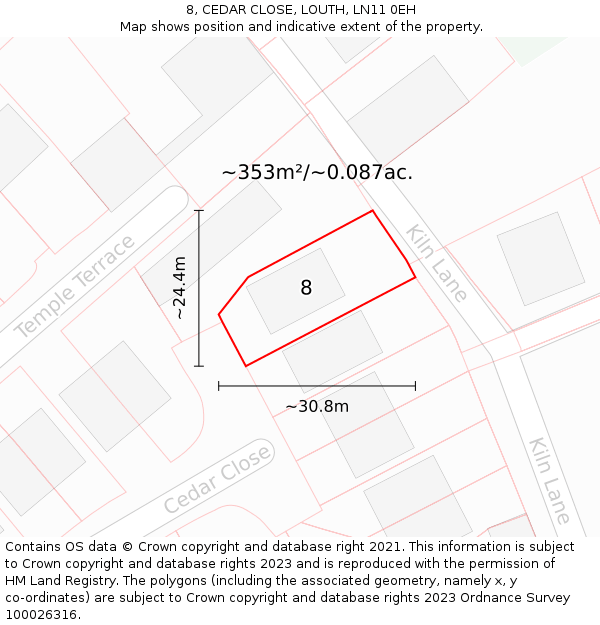 8, CEDAR CLOSE, LOUTH, LN11 0EH: Plot and title map