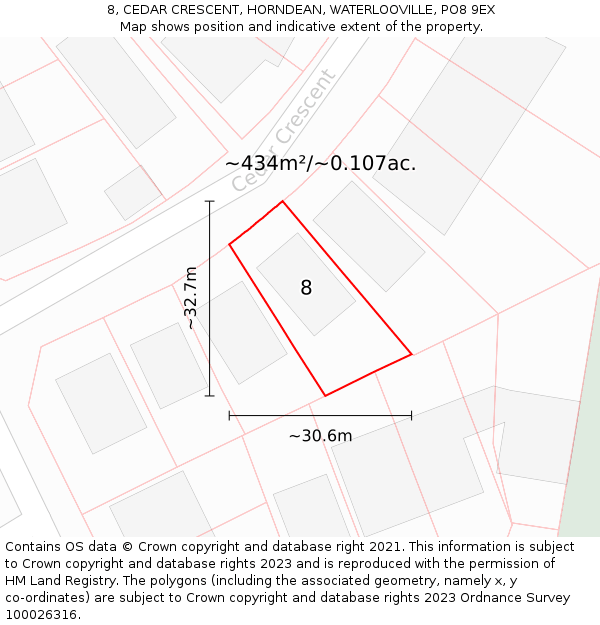 8, CEDAR CRESCENT, HORNDEAN, WATERLOOVILLE, PO8 9EX: Plot and title map