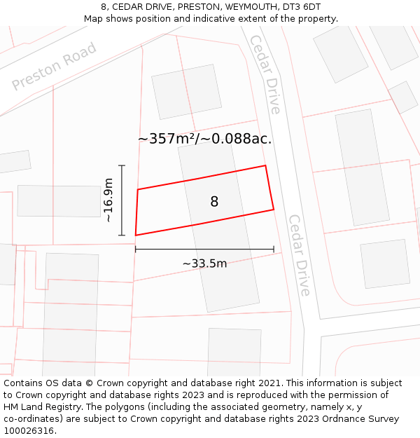 8, CEDAR DRIVE, PRESTON, WEYMOUTH, DT3 6DT: Plot and title map