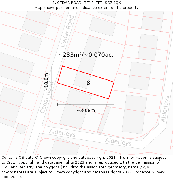 8, CEDAR ROAD, BENFLEET, SS7 3QX: Plot and title map