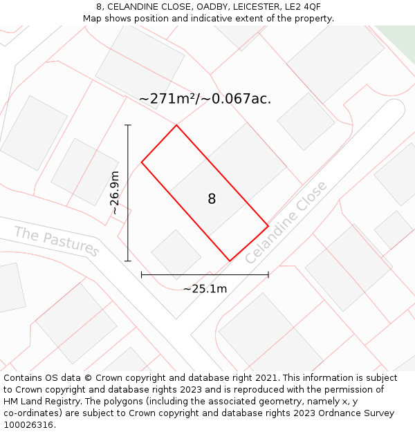 8, CELANDINE CLOSE, OADBY, LEICESTER, LE2 4QF: Plot and title map