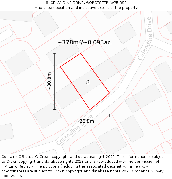 8, CELANDINE DRIVE, WORCESTER, WR5 3SP: Plot and title map