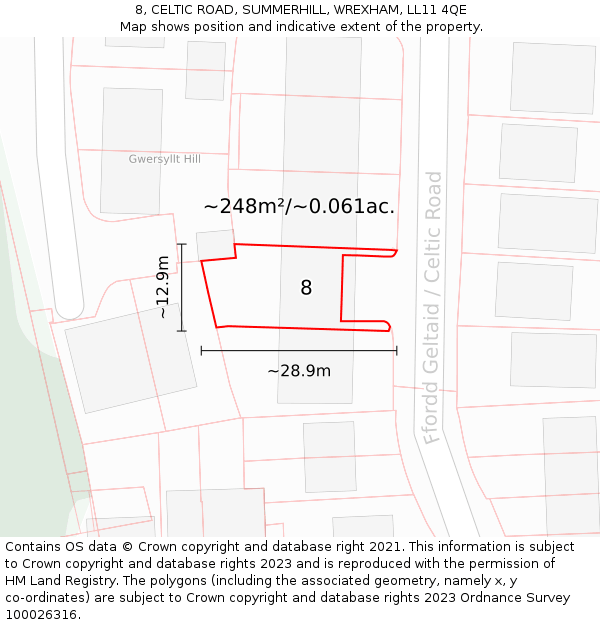 8, CELTIC ROAD, SUMMERHILL, WREXHAM, LL11 4QE: Plot and title map