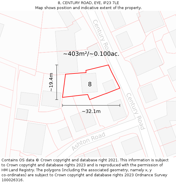 8, CENTURY ROAD, EYE, IP23 7LE: Plot and title map