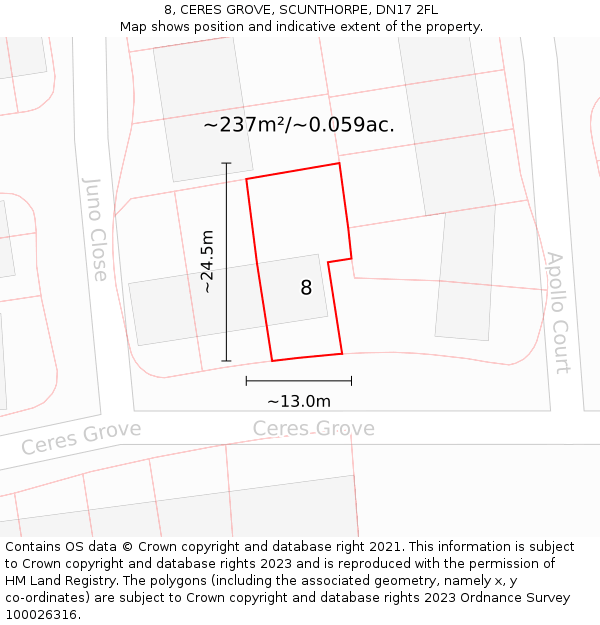8, CERES GROVE, SCUNTHORPE, DN17 2FL: Plot and title map