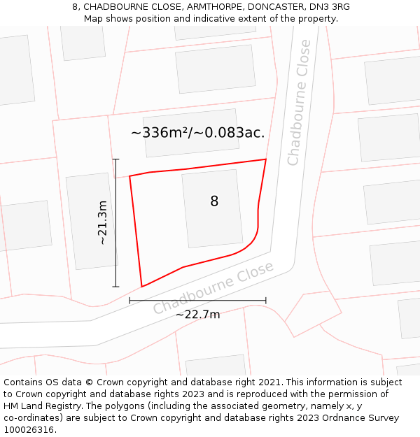 8, CHADBOURNE CLOSE, ARMTHORPE, DONCASTER, DN3 3RG: Plot and title map