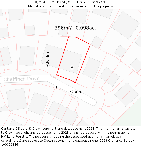 8, CHAFFINCH DRIVE, CLEETHORPES, DN35 0ST: Plot and title map
