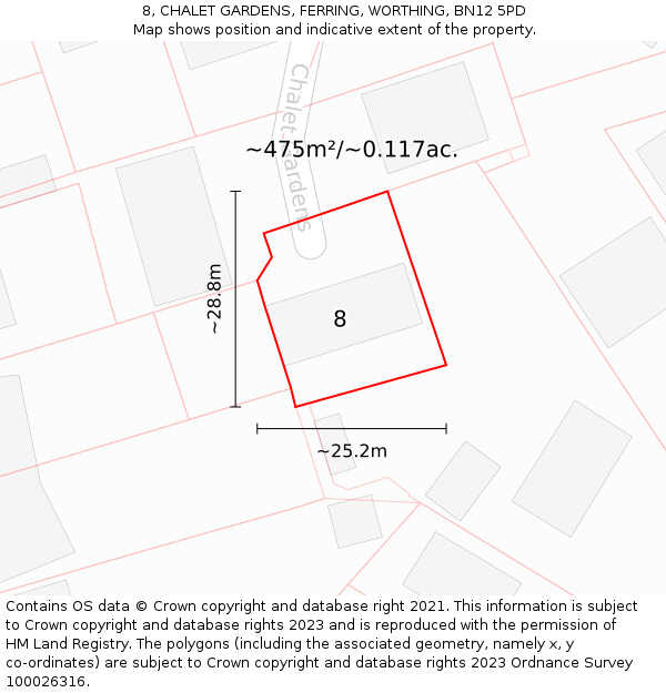 8, CHALET GARDENS, FERRING, WORTHING, BN12 5PD: Plot and title map