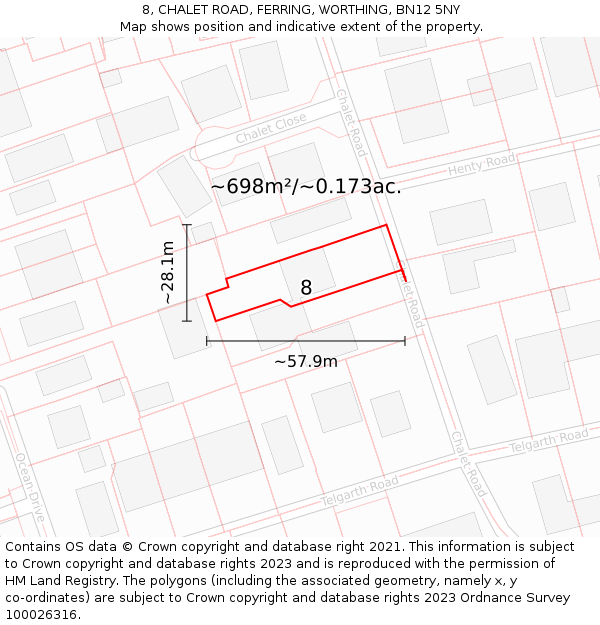 8, CHALET ROAD, FERRING, WORTHING, BN12 5NY: Plot and title map